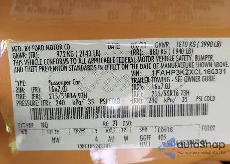 2012 Ford Focus Se из США, поврежденный, VIN 1FAHP3K2XCL160331